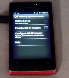 'Portable Wi-Fi hotspot Setup' Screen on Sony Xperia E Smartphone