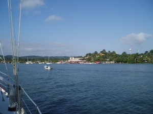 A guide boat departing from us after crossing the shallow spot in Livingston, Guatemala