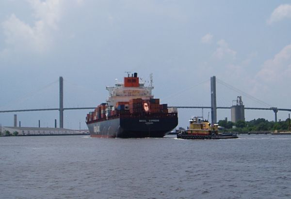 "Seoul Express" Container Ship Going under the Bridge in Savannah Seaport, Georgia, USA