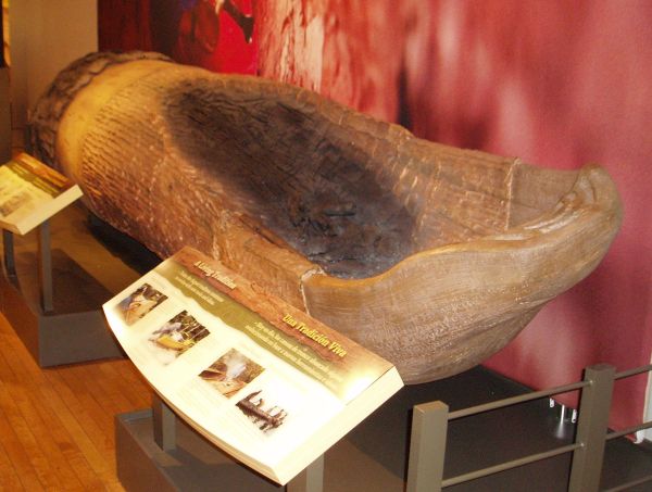 Picture from Dugout Canoes Exhibit; Native Americans made Canoes from trees, burning and carving out the hull.