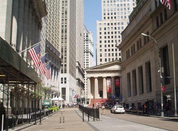 Quiet New York Stock Exchange Building (Left) and Federal Hall Building (Center) on Early Morning on Weekend